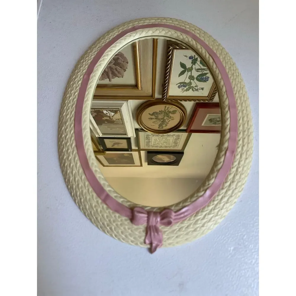 Vintage Oval Nursery Mirror Pink Bow Woven Frame Home girls wall cottage cute